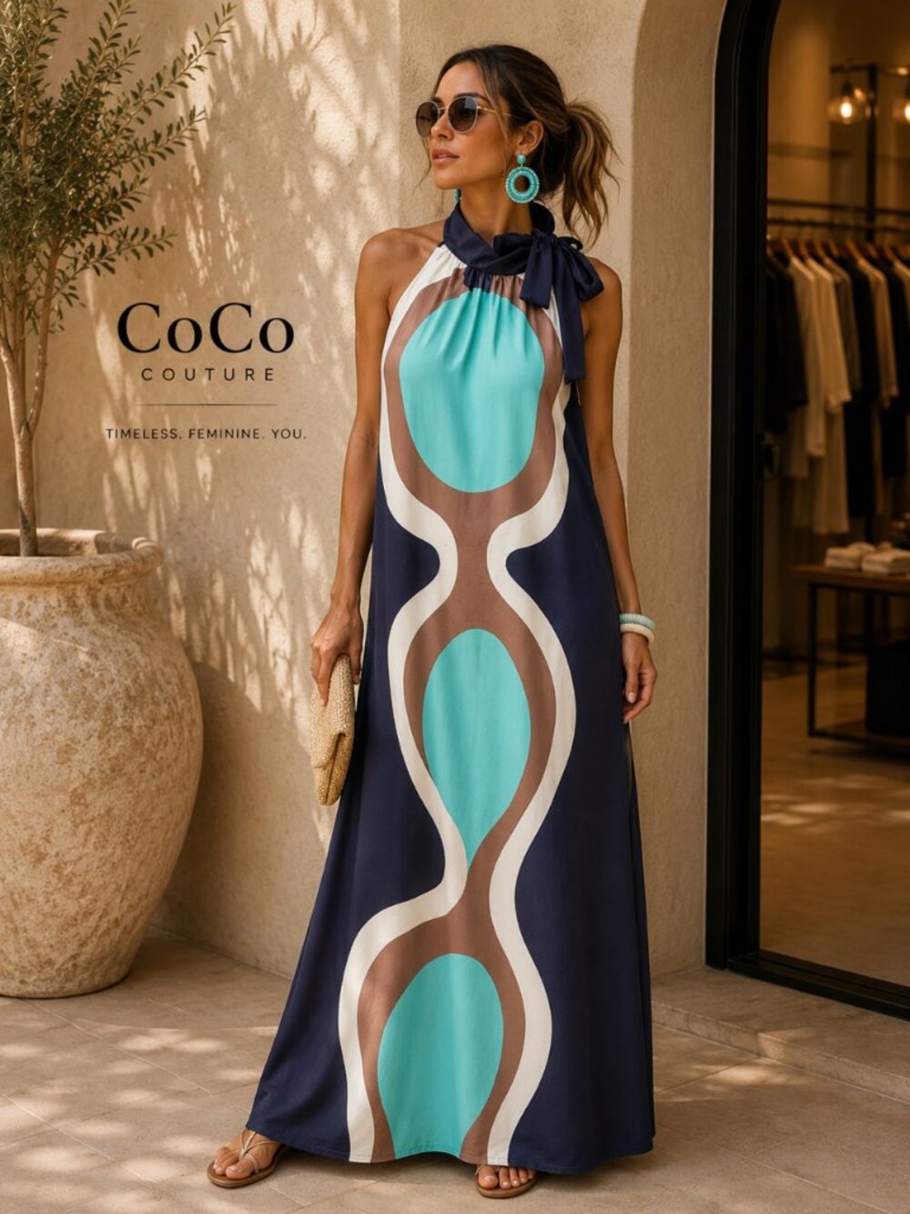BHD89 Brown and Aqua Halter Dress